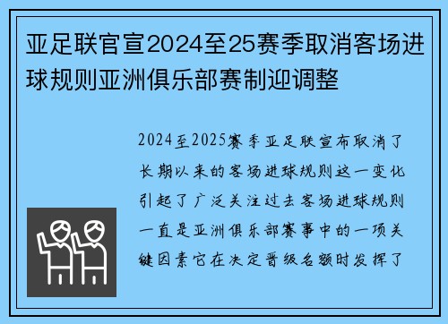 亚足联官宣2024至25赛季取消客场进球规则亚洲俱乐部赛制迎调整